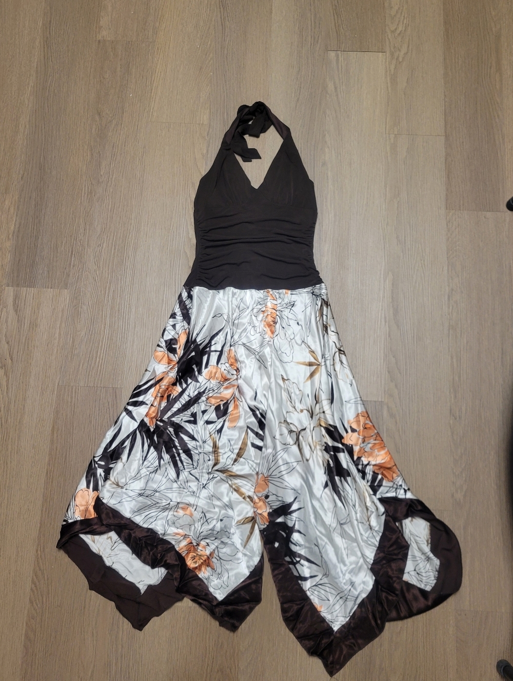 Halter Floral Maxi Dress in Brown, White & Orange